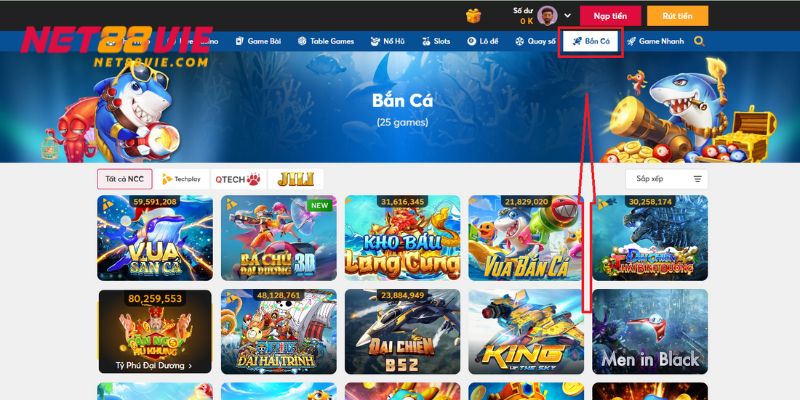 Nhấn vào danh mục bắn cá tại giao diện