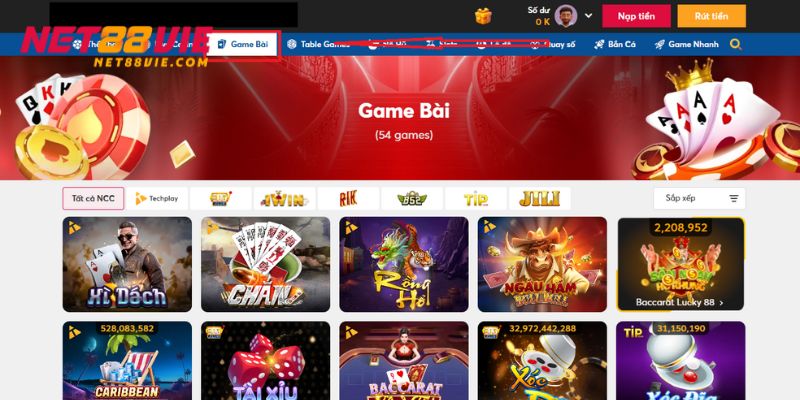 Bạn lựa chọn danh mục game bài tại giao diện nhà cái