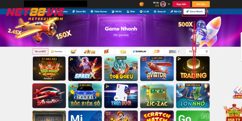 Chọn danh mục game nhanh trên giao diện để giải trí