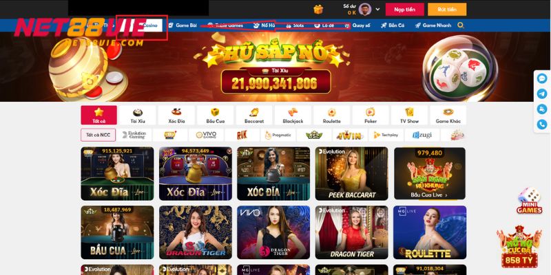 Nhanh tay lựa chọn danh mục casino trên giao diện
