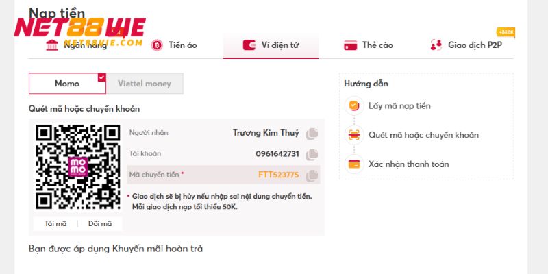 Biểu mẫu nạp tiền bằng ví điện tử trên trang web