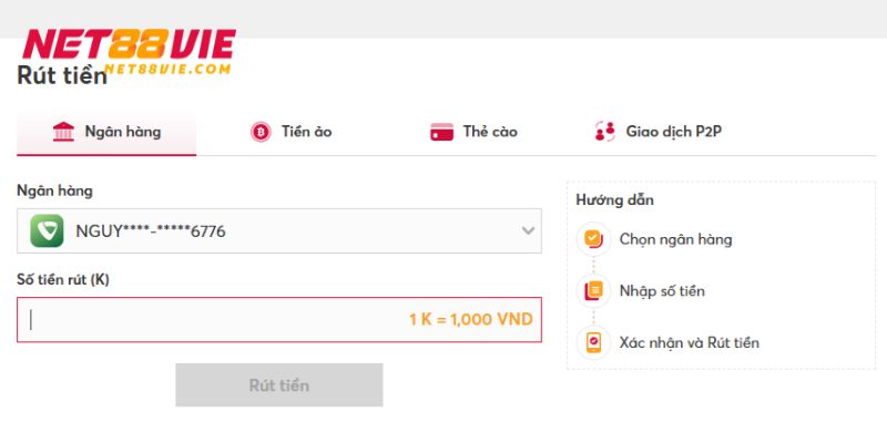 Bạn có thể rút tiền tại NET88 bằng ngân hàng dễ dàng