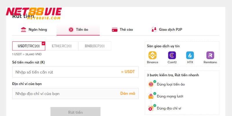 Người chơi lựa chọn tiền ảo để thực hiện rút tiền nhanh chóng