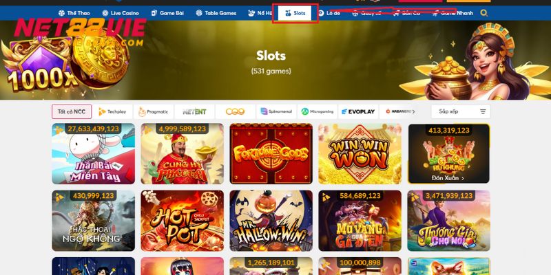 Bạn chọn vào danh mục nổ hũ hoặc Slots Net88 trên giao diện