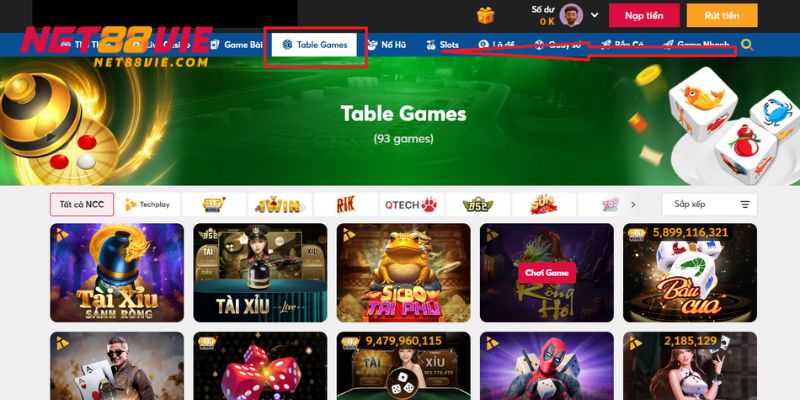 Lựa chọn danh mục Table Game trên trang web để giải trí