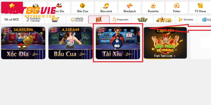 Lựa chọn trò chơi Tài Xỉu tại sảnh Rikvip